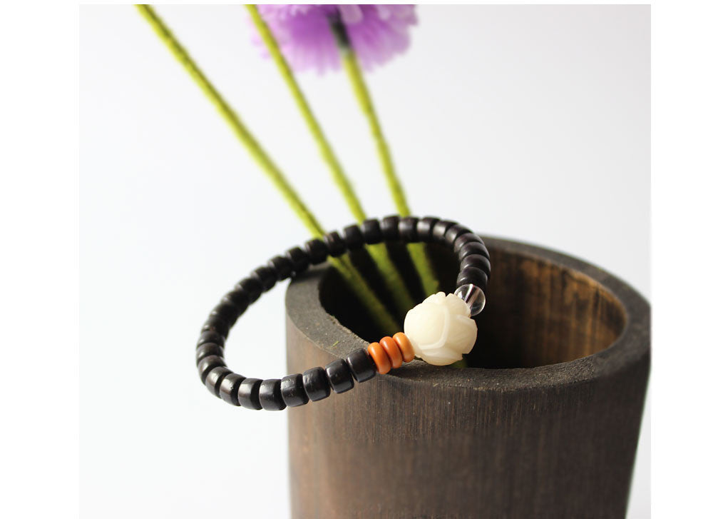 Buddhist Handcrafted Nature Sandalwood Enlightenment Bracelet with Rose Charm (Bodhi Ivory Seeds)
