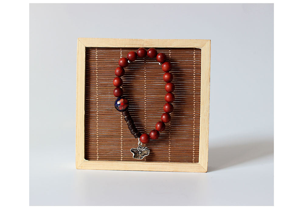 Buddhist Handcrafted Nature Sandalwood Composure Bracelet with Lotus Leaf Charm (Red Sandalwood)