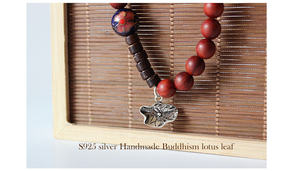 Buddhist Handcrafted Nature Sandalwood Composure Bracelet with Lotus Leaf Charm (Red Sandalwood)