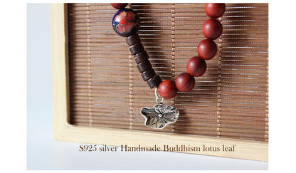Buddhist Handcrafted Nature Sandalwood Composure Bracelet with Lotus Leaf Charm (Red Sandalwood)