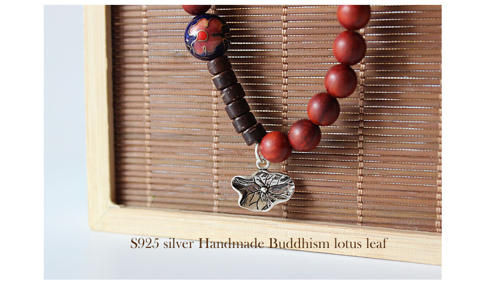 Buddhist Handcrafted Nature Sandalwood Composure Bracelet with Lotus Leaf Charm (Red Sandalwood)