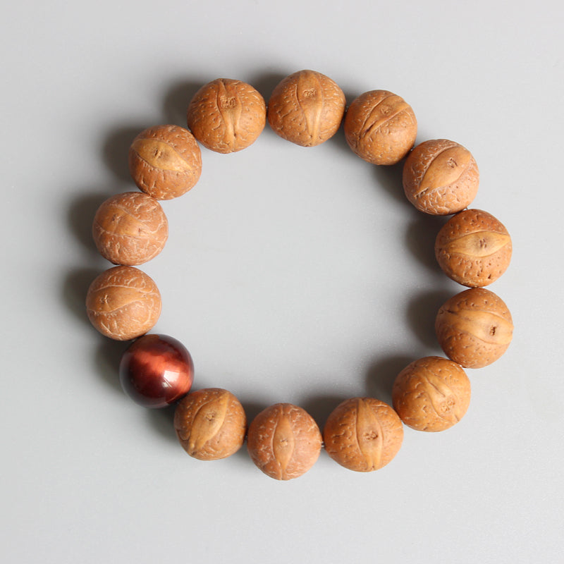 Buddhist Handcrafted Nature Sandalwood Bracelet for "Positivity" (made with Tiger Eye Stone & Organic Bodhi Seeds)
