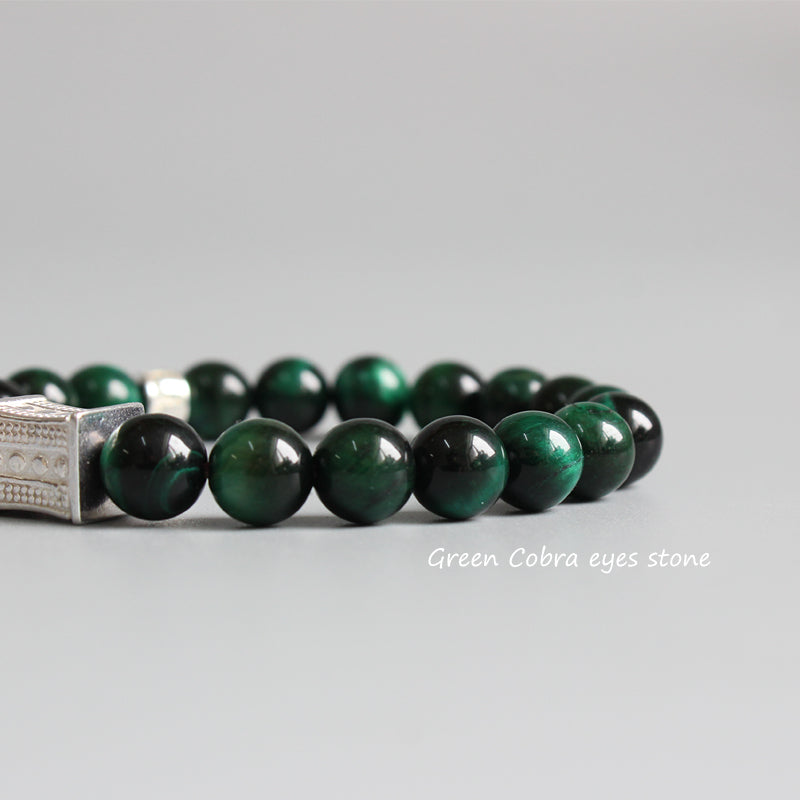 Protection Bracelet with Om Mani Padme Hum Charm (Green Cobra Eyestone)