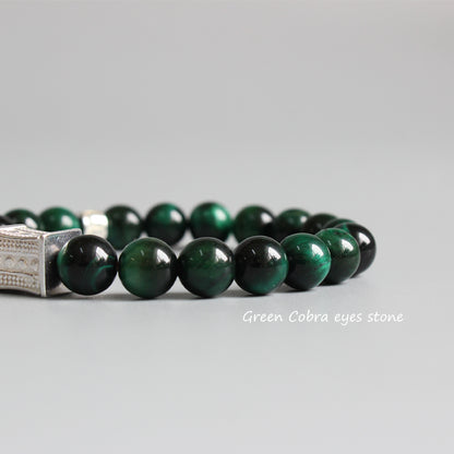 Protection Bracelet with Om Mani Padme Hum Charm (Green Cobra Eyestone)