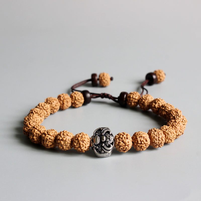 Buddhist Handcrafted Nature Sandalwood Bracelet for "Vitality and Athleticism" (made with Lucky Bat Amulet & Rudraksha Seeds)