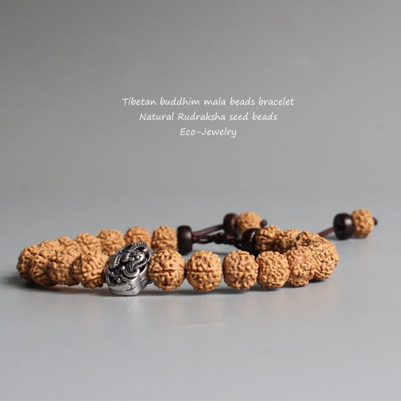Buddhist Handcrafted Nature Sandalwood Bracelet for "Vitality and Athleticism" (made with Lucky Bat Amulet & Rudraksha Seeds)