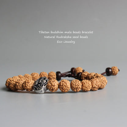 Buddhist Handcrafted Nature Sandalwood Bracelet for "Vitality and Athleticism" (made with Lucky Bat Amulet & Rudraksha Seeds)