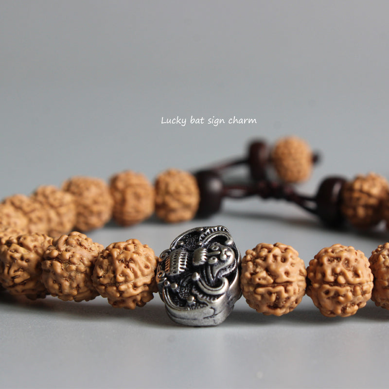 Buddhist Handcrafted Nature Sandalwood Bracelet for "Vitality and Athleticism" (made with Lucky Bat Amulet & Rudraksha Seeds)