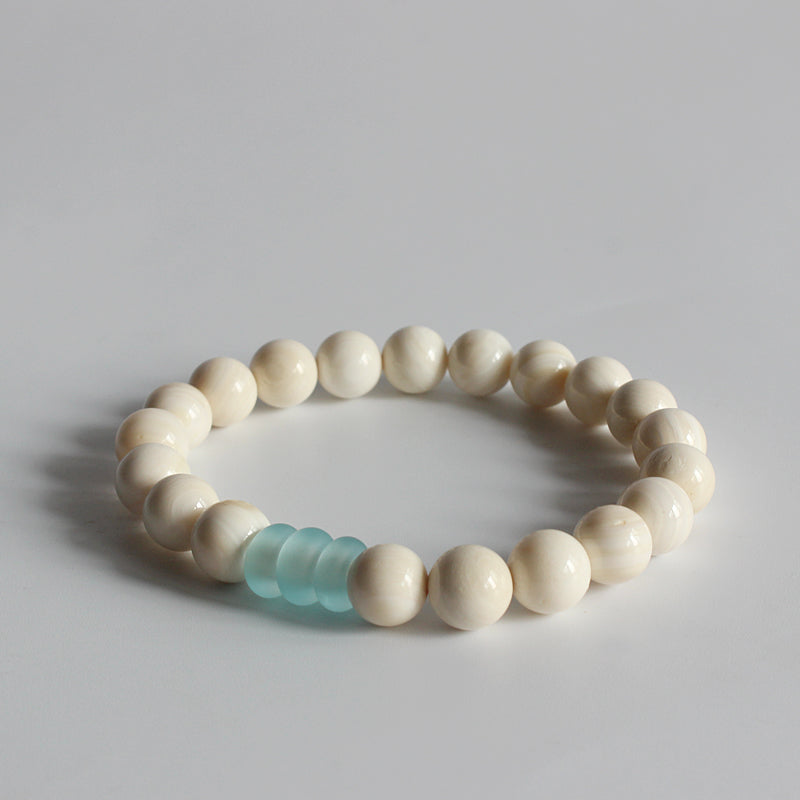 Buddhist Handcrafted Nature Sandalwood Bracelet - "Mother of Pearl" (made with White Ocean Bodhi Seeds)