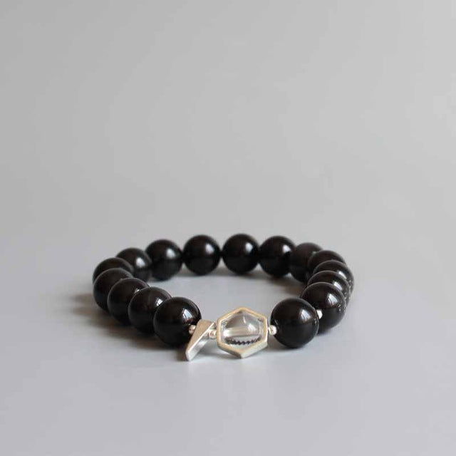 Buddhist Handcrafted Nature Sandalwood Bracelet for "Couples" - Black Obsidian & Pure Crystal Beads Couple (Pure Quartz and Natural Obsidian)