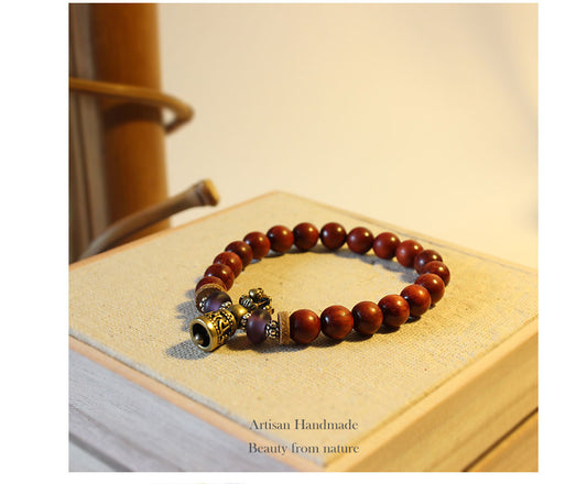 Buddhist Handcrafted Nature Sandalwood Bracelet for "Benevolence & Bold" with Vajra Strength Charm