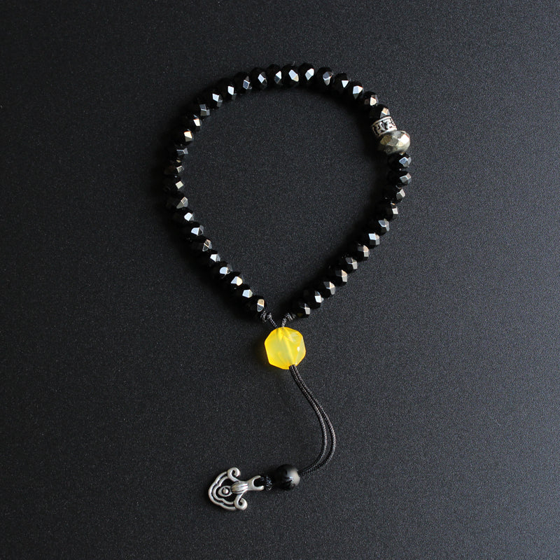 Buddhist Handcrafted Nature Sandalwood Mala Prayer Bracelet for "Power & Authority" (Black Stone & White Copper)