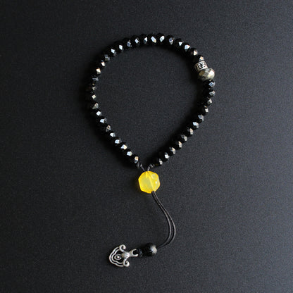 Buddhist Handcrafted Nature Sandalwood Mala Prayer Bracelet for "Power & Authority" (Black Stone & White Copper)
