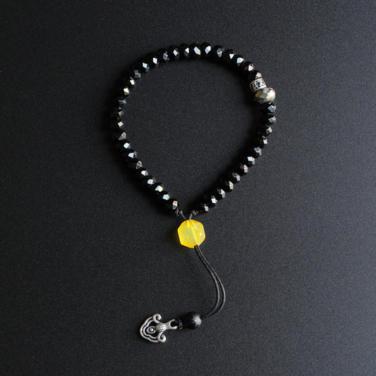 Buddhist Handcrafted Nature Sandalwood Mala Prayer Bracelet for "Power & Authority" (Black Stone & White Copper)