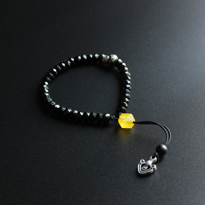 Buddhist Handcrafted Nature Sandalwood Mala Prayer Bracelet for "Power & Authority" (Black Stone & White Copper)