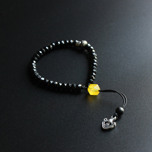 Buddhist Handcrafted Nature Sandalwood Mala Prayer Bracelet for "Power & Authority" (Black Stone & White Copper)