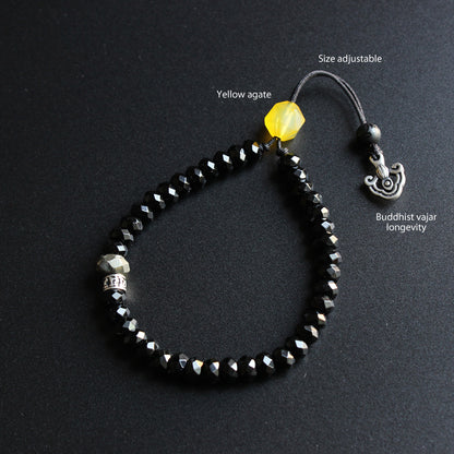 Buddhist Handcrafted Nature Sandalwood Mala Prayer Bracelet for "Power & Authority" (Black Stone & White Copper)