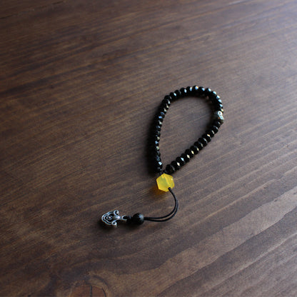 Buddhist Handcrafted Nature Sandalwood Mala Prayer Bracelet for "Power & Authority" (Black Stone & White Copper)