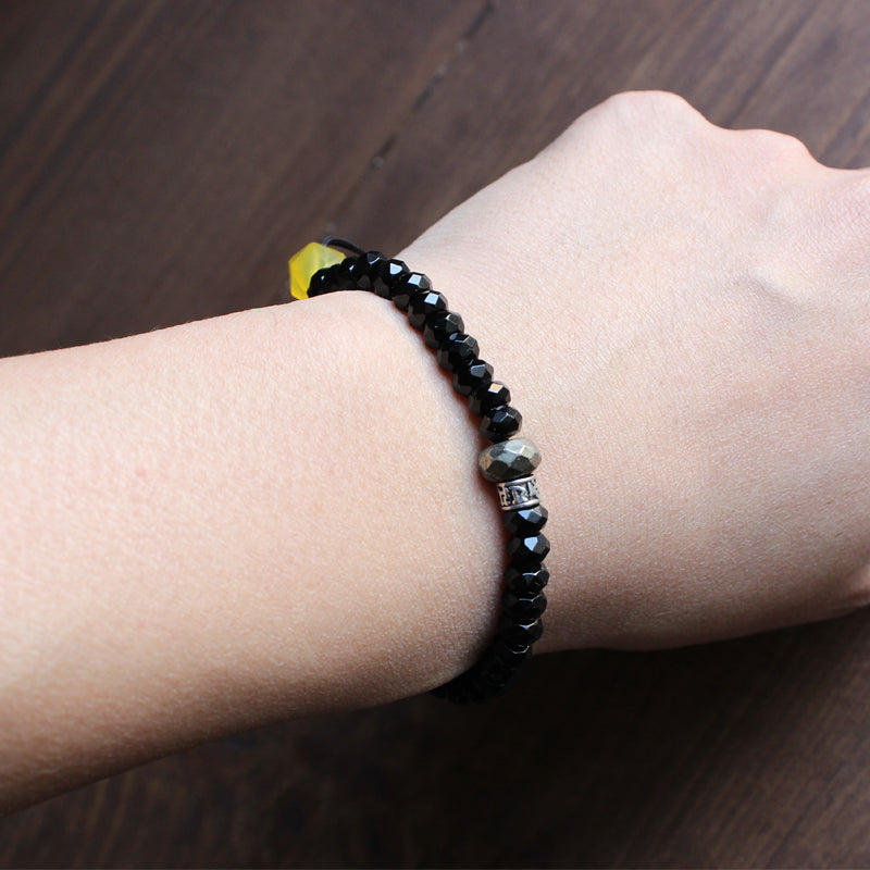 Buddhist Handcrafted Nature Sandalwood Mala Prayer Bracelet for "Power & Authority" (Black Stone & White Copper)