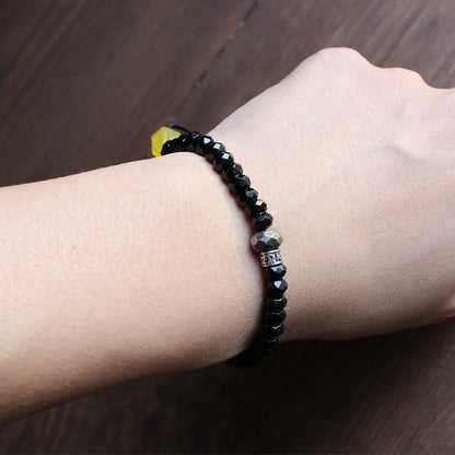 Buddhist Handcrafted Nature Sandalwood Mala Prayer Bracelet for "Power & Authority" (Black Stone & White Copper)