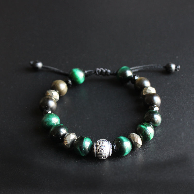 Buddhist Handcrafted Nature Sandalwood Divinity Bracelet (Green Cobra Eye Stone and Obsidian)