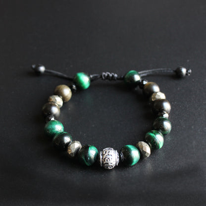 Buddhist Handcrafted Nature Sandalwood Divinity Bracelet (Green Cobra Eye Stone and Obsidian)