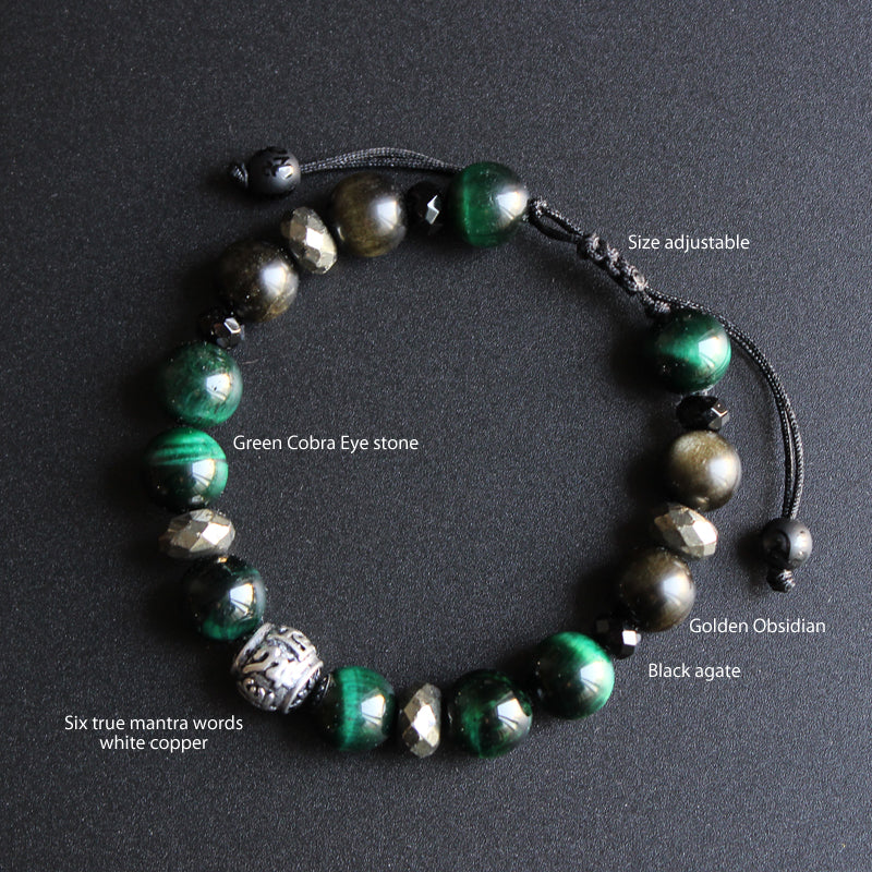 Buddhist Handcrafted Nature Sandalwood Divinity Bracelet (Green Cobra Eye Stone and Obsidian)