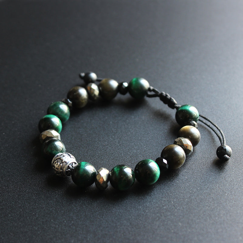 Buddhist Handcrafted Nature Sandalwood Divinity Bracelet (Green Cobra Eye Stone and Obsidian)