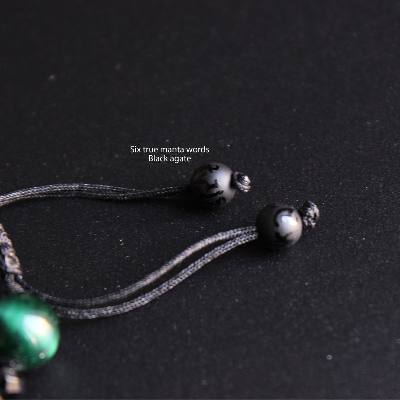 Buddhist Handcrafted Nature Sandalwood Divinity Bracelet (Green Cobra Eye Stone and Obsidian)