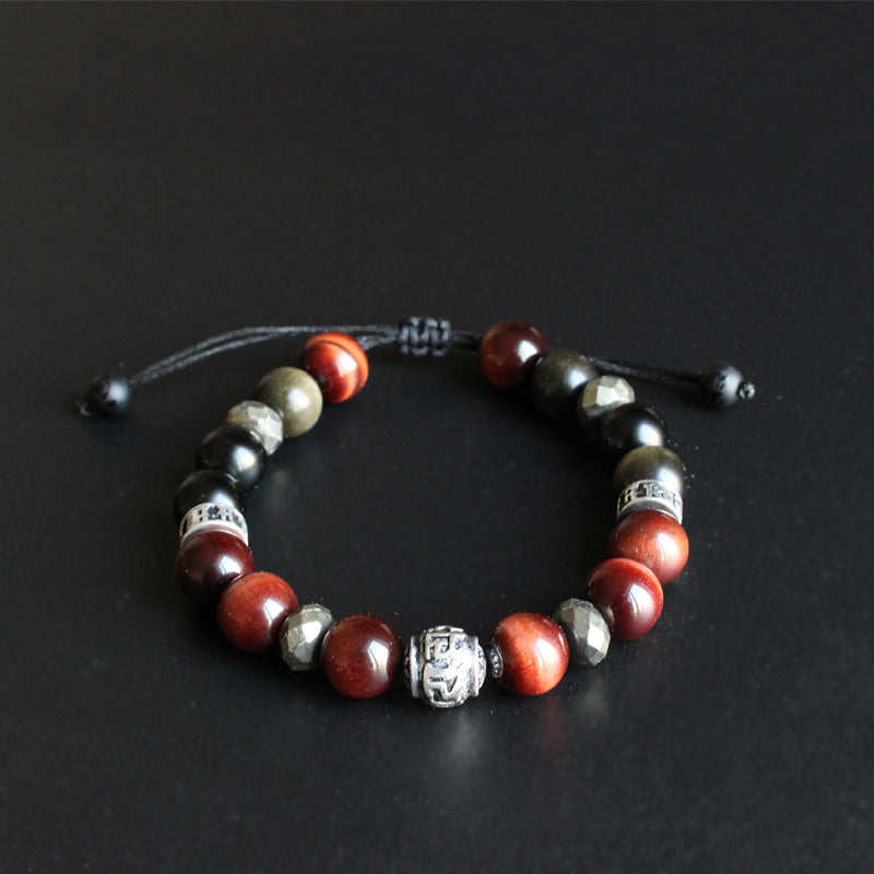 Buddhist Handcrafted Nature Sandalwood Balance Bracelet (Obsidian and Tiger Eye Stone)