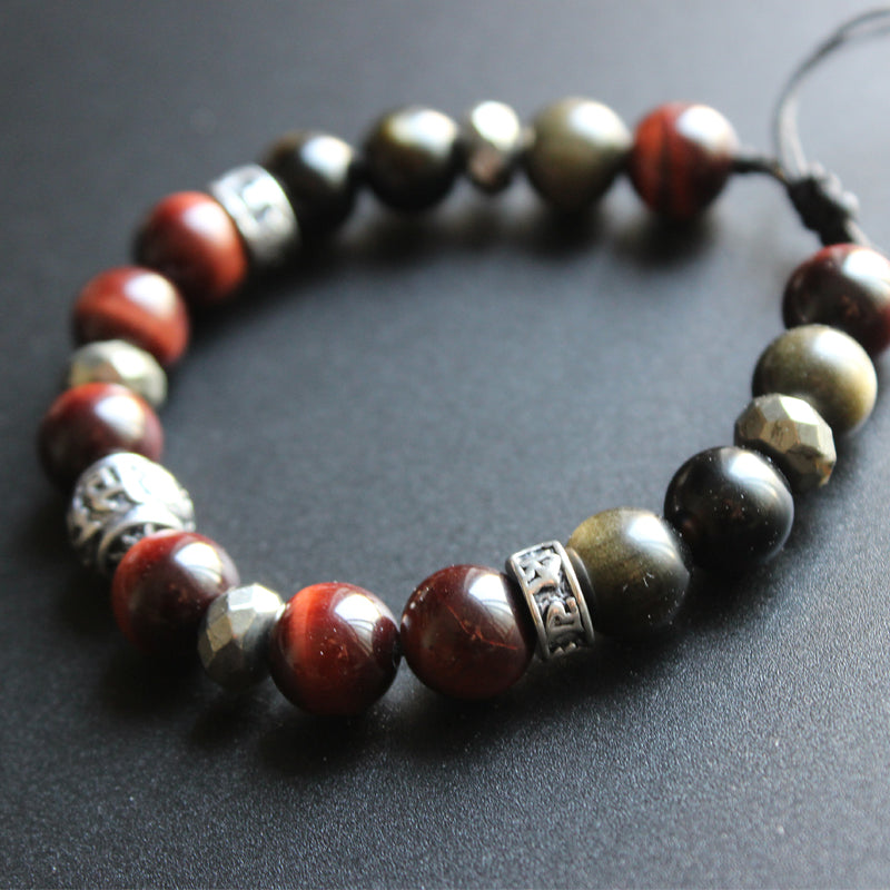Buddhist Handcrafted Nature Sandalwood Balance Bracelet (Obsidian and Tiger Eye Stone)