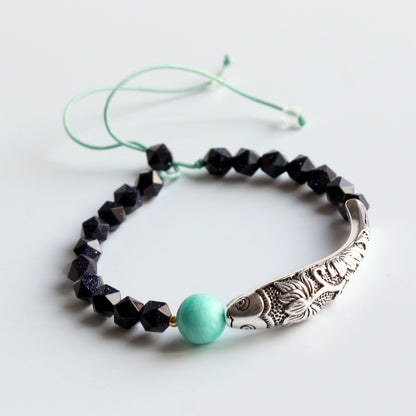 Buddhist Handcrafted Nature Sandalwood Dream Bracelet with Lucky Fish Charm (Ocean Blue Sandstone)
