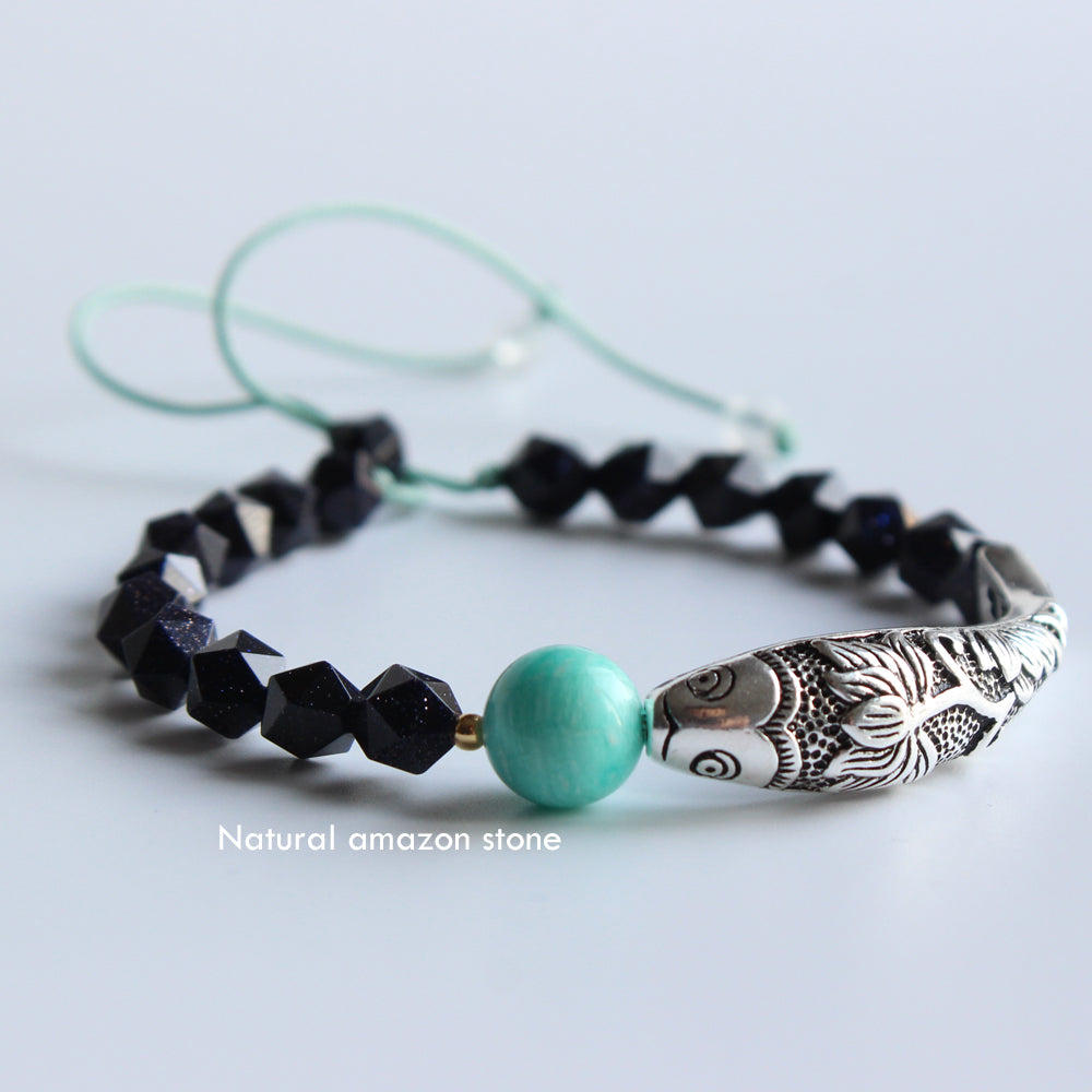 Buddhist Handcrafted Nature Sandalwood Dream Bracelet with Lucky Fish Charm (Ocean Blue Sandstone)