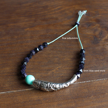 Buddhist Handcrafted Nature Sandalwood Dream Bracelet with Lucky Fish Charm (Ocean Blue Sandstone)