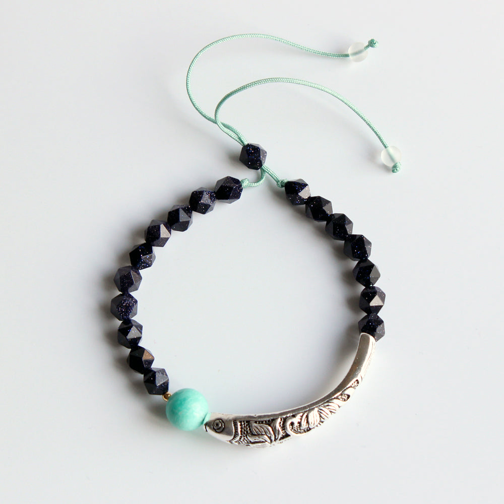 Buddhist Handcrafted Nature Sandalwood Dream Bracelet with Lucky Fish Charm (Ocean Blue Sandstone)