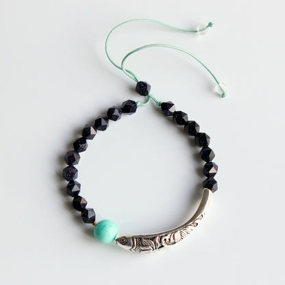 Buddhist Handcrafted Nature Sandalwood Dream Bracelet with Lucky Fish Charm (Ocean Blue Sandstone)