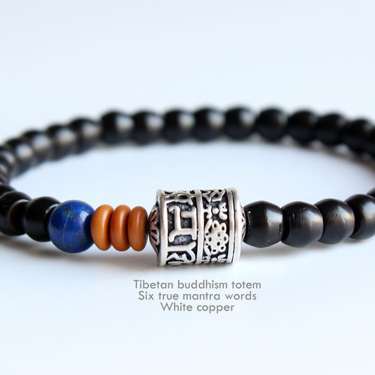 Buddhist Handcrafted Nature Sandalwood Bracelet for "Good Luck" (made with Antiquity Stone of Lapiz Lazuli)