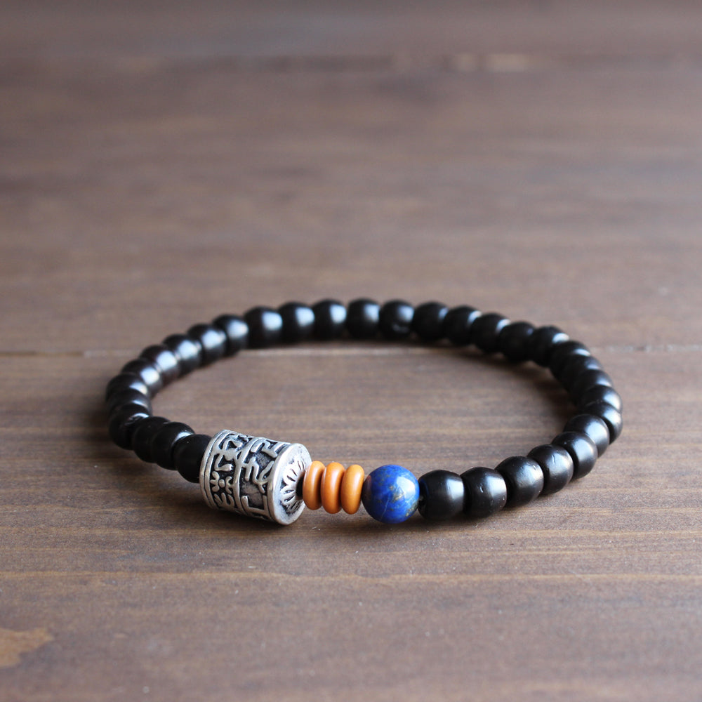 Buddhist Handcrafted Nature Sandalwood Bracelet for "Good Luck" (made with Antiquity Stone of Lapiz Lazuli)