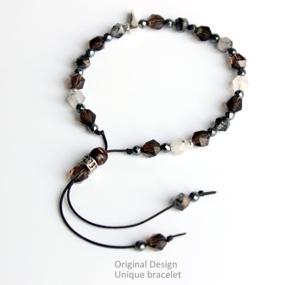 Buddhist Handcrafted Nature Sandalwood Confidence & Soothing Bracelet (Smoky Crystals & Tourmaline)