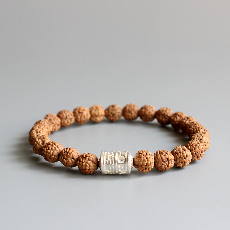 Buddhist Handcrafted Nature Sandalwood Bracelet for "Clear & Open Minded" (made with Mantra Ohm Amulet & Rudraksha Seeds)