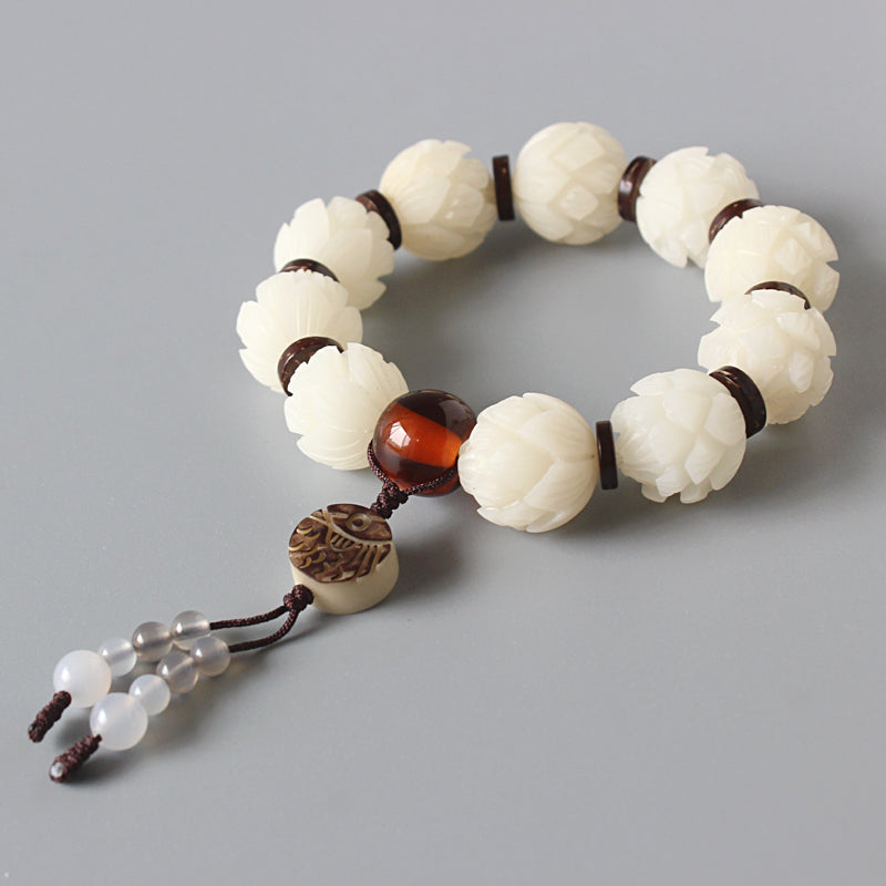 Buddhist Handcrafted Nature Sandalwood White Lotus Bracelet (Bodhi Ivory  Seed)