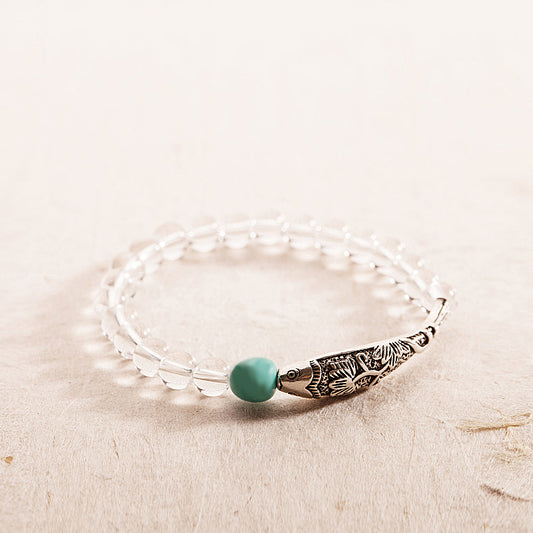 Lucky Fish Charm Bracelet (Pure Quartz, Black Agate, and Natural Amazon Stone)