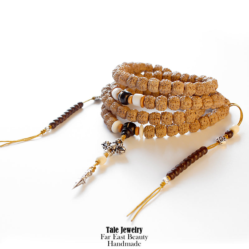 Buddhist Handcrafted Nature Sandalwood Salubrious Tribal Necklace for "Intuition & Character" (Handcarved Organic Rudraksha Beads)