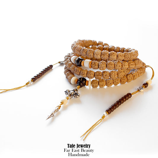 Buddhist Handcrafted Nature Sandalwood Salubrious Tribal Necklace for "Intuition & Character" (Handcarved Organic Rudraksha Beads)
