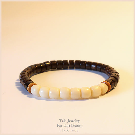 Buddhist Handcrafted Nature Sandalwood Bracelet for "Zen Buddhism" (made with Organic Coconut Shell, Ivory Beads, & Olive Nut)