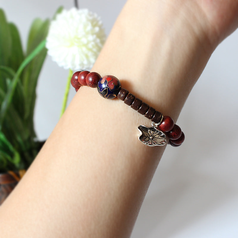 Buddhist Handcrafted Nature Sandalwood Composure Bracelet with Lotus Leaf Charm (Red Sandalwood)