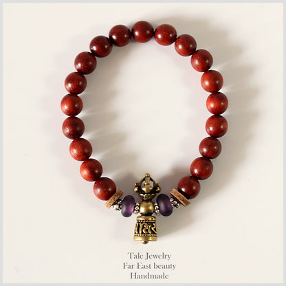 Buddhist Handcrafted Nature Sandalwood Bracelet for "Benevolence & Bold" with Vajra Strength Charm